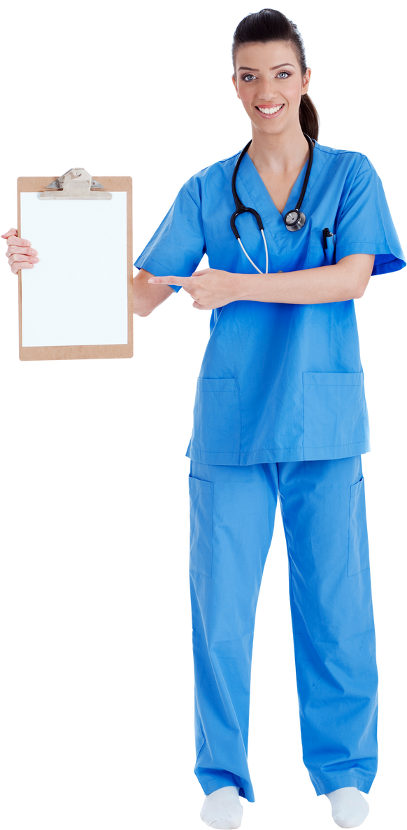 Young Nurse Pointing Blank Clipboard